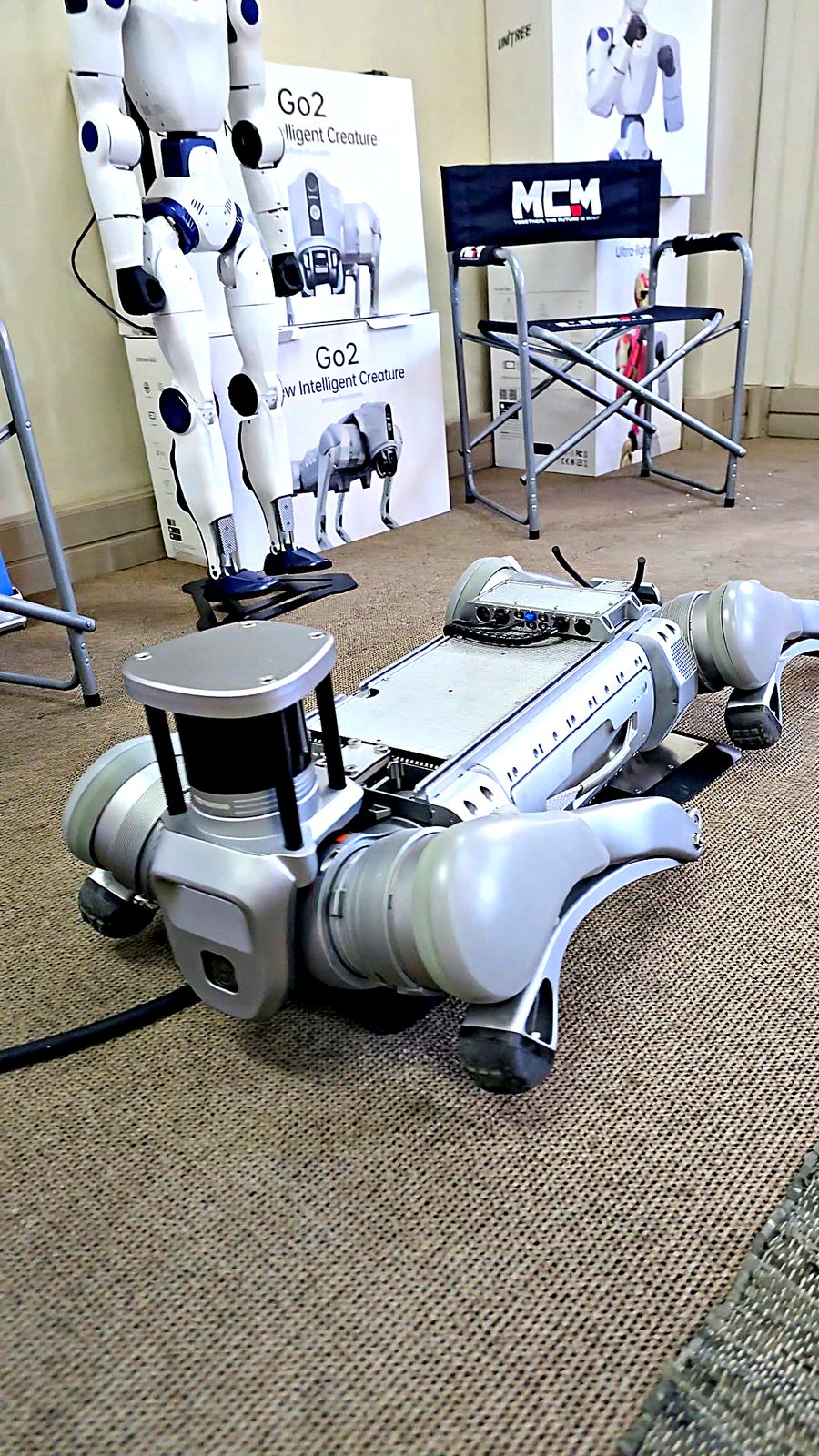 Unitree B2 resting on its dock in the MCM Robotics showroom next to Unitree R1 humanoid and Go2 displays