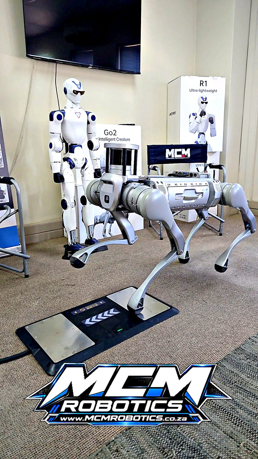 Unitree B2 industrial robot dog standing over its charging station at MCM Robotics