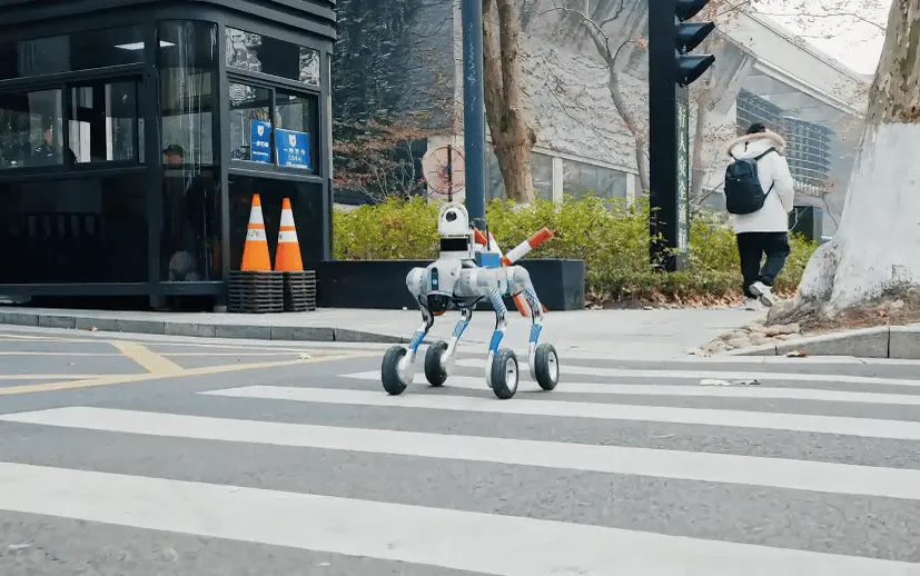 Wheeled-legged patrol robot crossing a pedestrian crossing