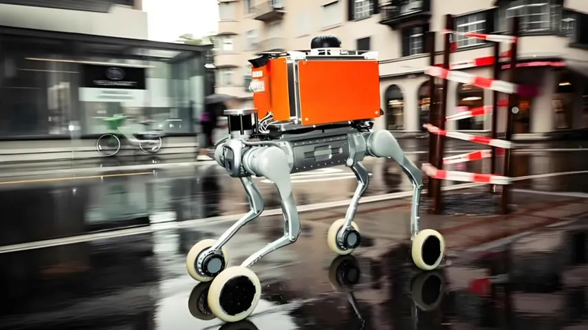 Wheeled-legged delivery robot carrying a closed cargo box on a wet street