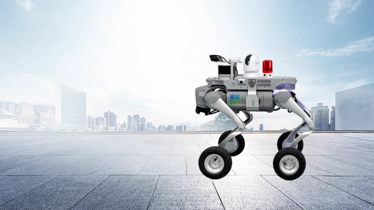 Wheeled-legged security patrol robot with beacon and cameras