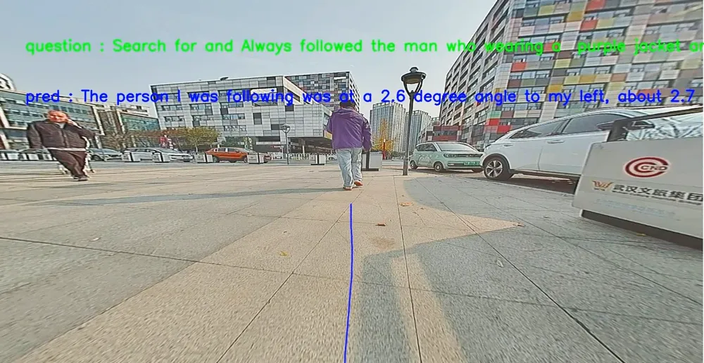 Robot camera view following a pedestrian straight ahead, with planned path overlay